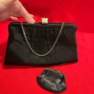 Vintage After Five Paris Elegant Satin Black Clutch with Chain Strap and wallet